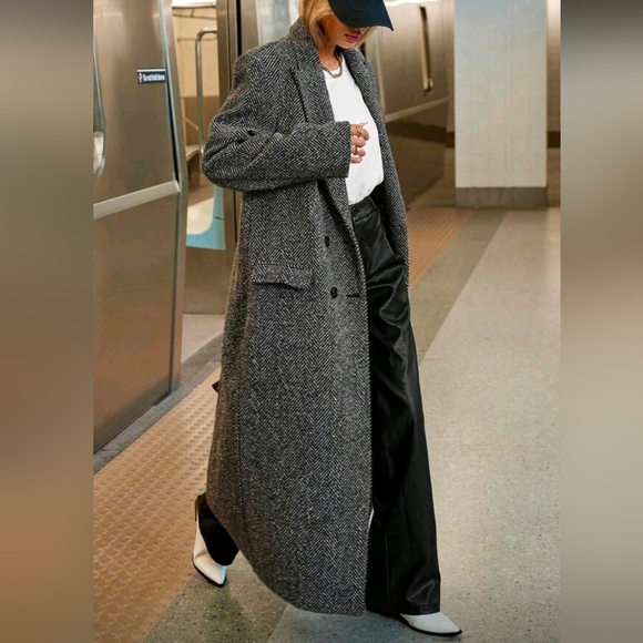 New Chic Oversized Herringbone Tweed Long Maxi Jacket Coat Gray - Picture 2 of 11